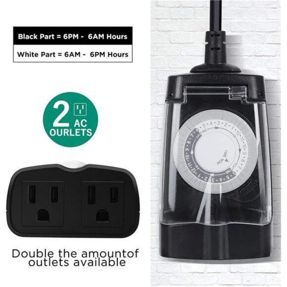 24 Hour Mechanical Outdoor Timer Outlet, Outdoor Timer for Lights, Waterproof - Picture 2 of 7